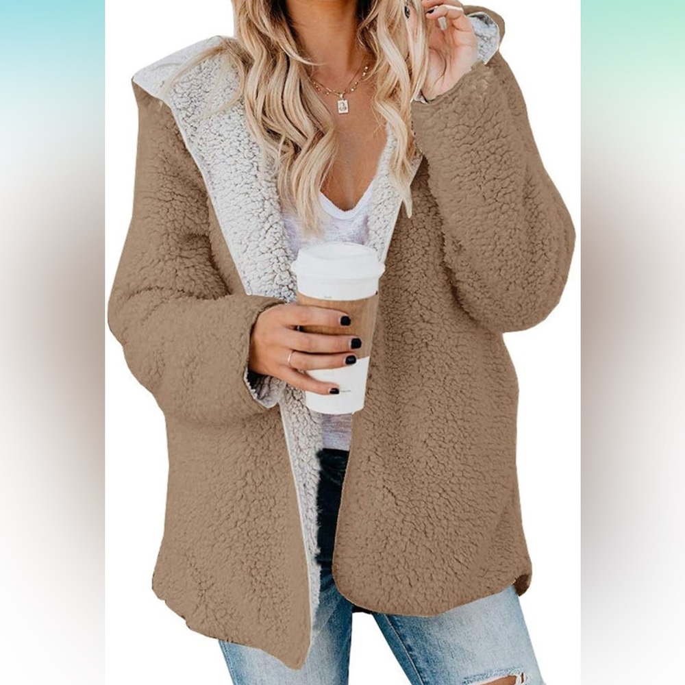 Womens Sherpa Jacket Fleece Jacket Teddy Bear with Pockets Open Front Hooded